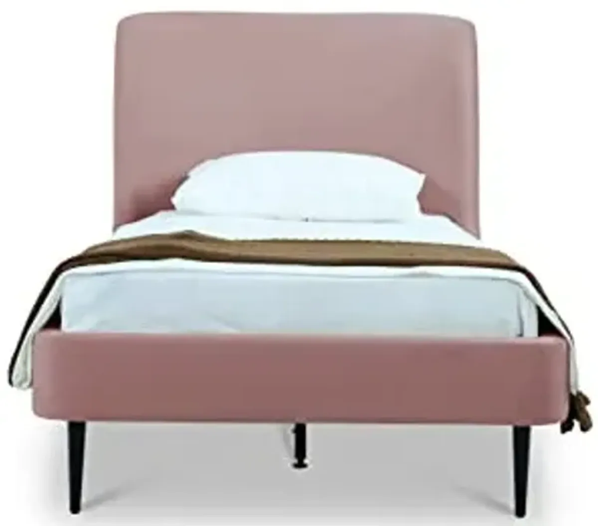 Manhattan Comfort Heather Twin Size Bed Frame with Headboard Upholstered in Velvet with Mid-Century Modern Tapered Black Legs, Slats and Center Support Included, No Box Spring Required, Blush Pink