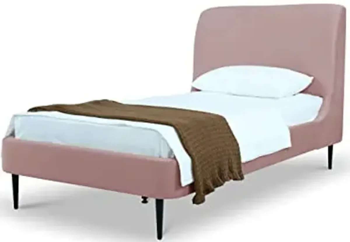 Manhattan Comfort Heather Twin Size Bed Frame with Headboard Upholstered in Velvet with Mid-Century Modern Tapered Black Legs, Slats and Center Support Included, No Box Spring Required, Blush Pink