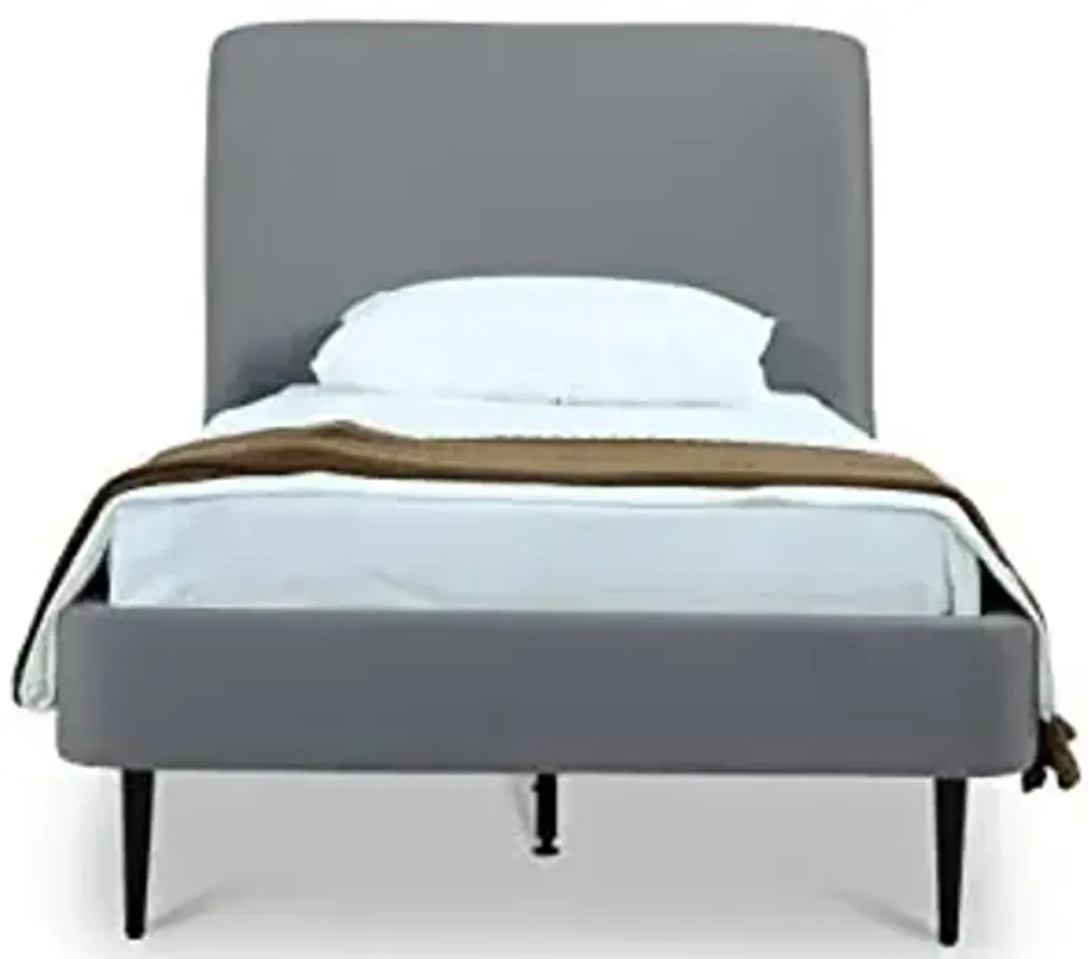 Manhattan Comfort Heather Twin Size Bed Frame with Headboard Upholstered in Velvet with Mid-Century Modern Tapered Black Legs, Slats and Center Support Included, No Box Spring Required, Grey