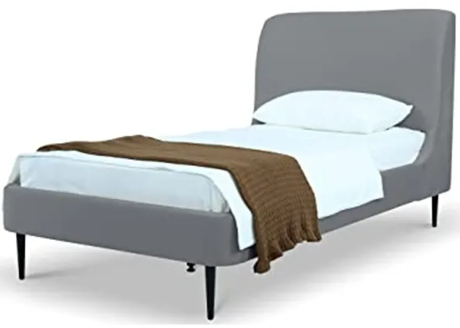 Manhattan Comfort Heather Twin Size Bed Frame with Headboard Upholstered in Velvet with Mid-Century Modern Tapered Black Legs, Slats and Center Support Included, No Box Spring Required, Grey