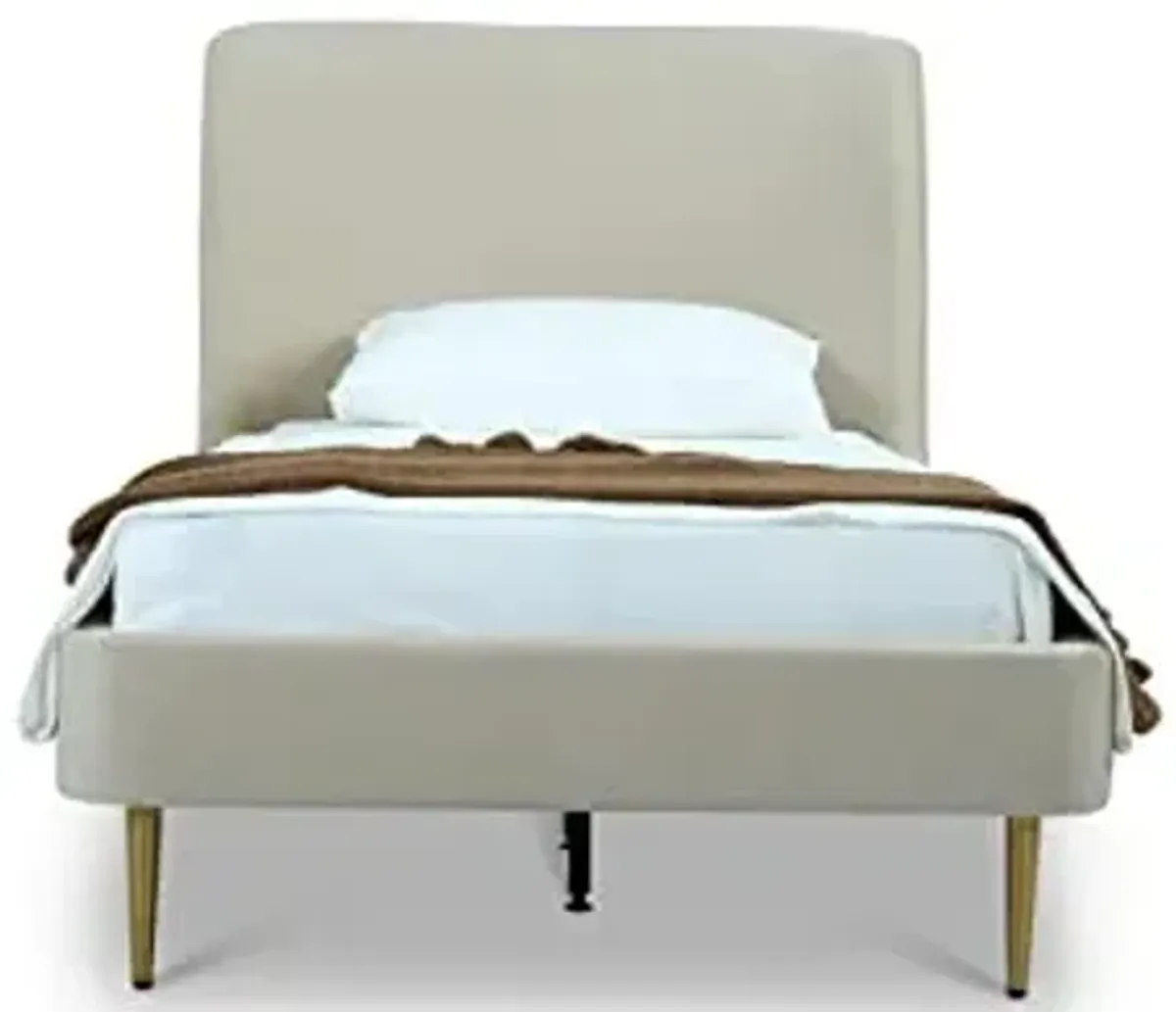 Manhattan Comfort Heather Twin Bed Frame with Headboard, Luxurious Velvet Upholstery, Curved Wingback Headrest, Mid Century Modern Design, No Box Spring Required, Slats Included, Cream