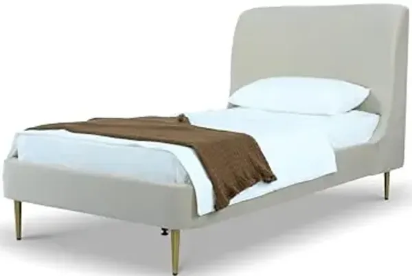 Manhattan Comfort Heather Twin Bed Frame with Headboard, Luxurious Velvet Upholstery, Curved Wingback Headrest, Mid Century Modern Design, No Box Spring Required, Slats Included, Cream