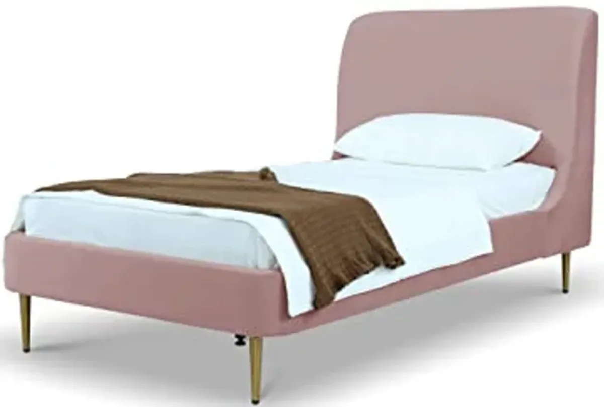 Manhattan Comfort Heather Twin Bed Frame with Headboard, Luxurious Velvet Upholstery, Curved Wingback Headrest, Mid Century Modern Design, No Box Spring Required, Slats Included, Blush