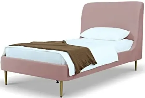 Manhattan Comfort Heather Twin Bed Frame with Headboard, Luxurious Velvet Upholstery, Curved Wingback Headrest, Mid Century Modern Design, No Box Spring Required, Slats Included, Blush