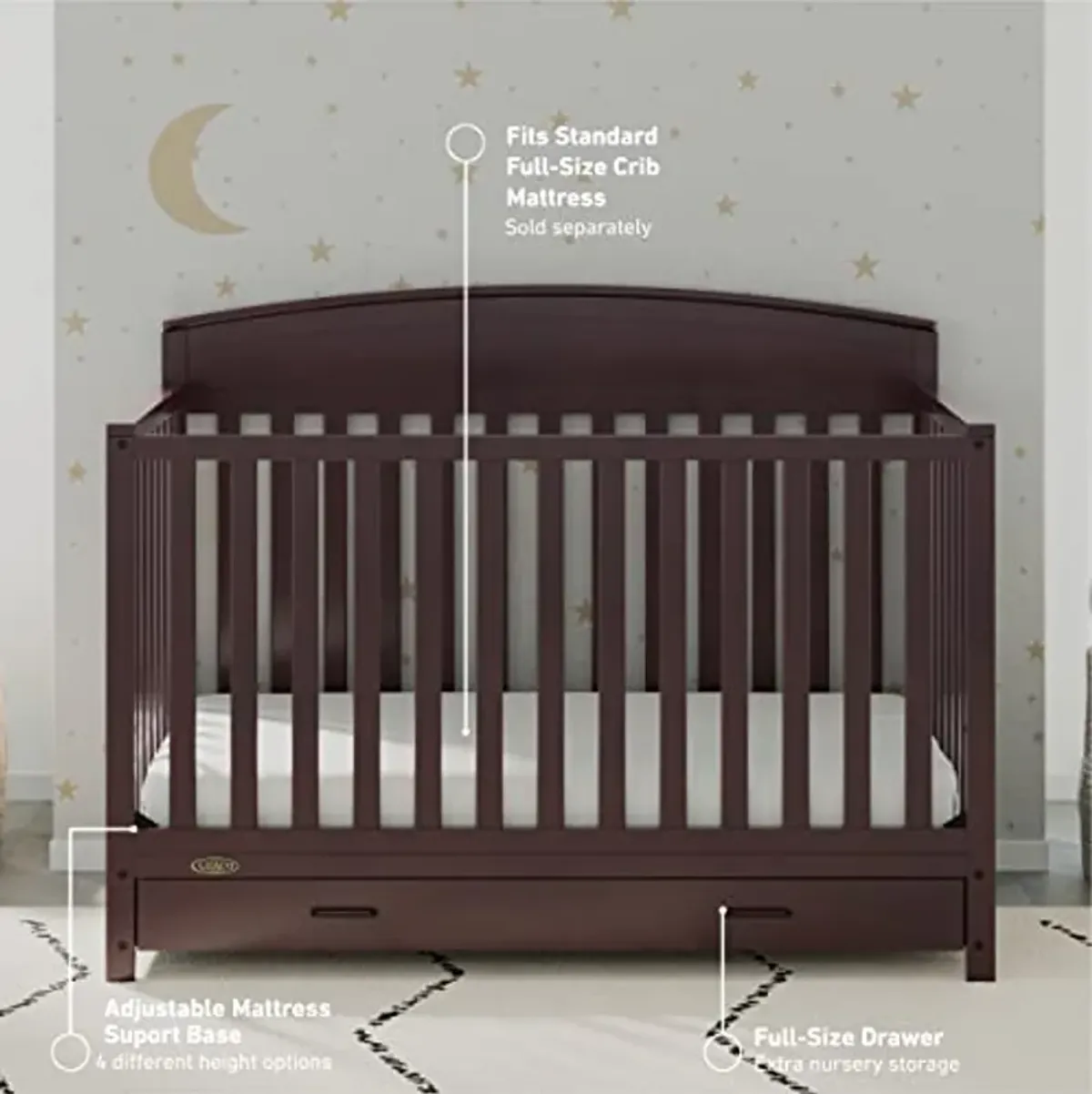 Graco Benton 5-in-1 Convertible Crib with Drawer (Espresso) - Converts from Baby Crib to Toddler Bed, Daybed and Full-Size Bed, Fits Standard Full-Size Crib Mattress, Adjustable Mattress Support Base