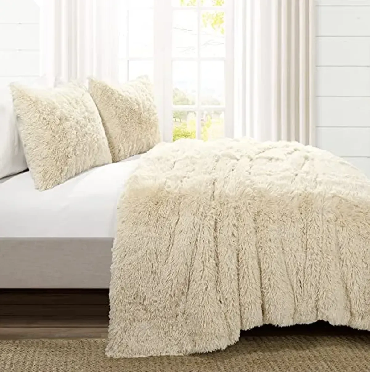 Lush Decor Emma Soft Fluffy Faux Fur Oversized Comforter Set, Full/Queen, Wheat - Warm Plush 3 Piece Bedding Set