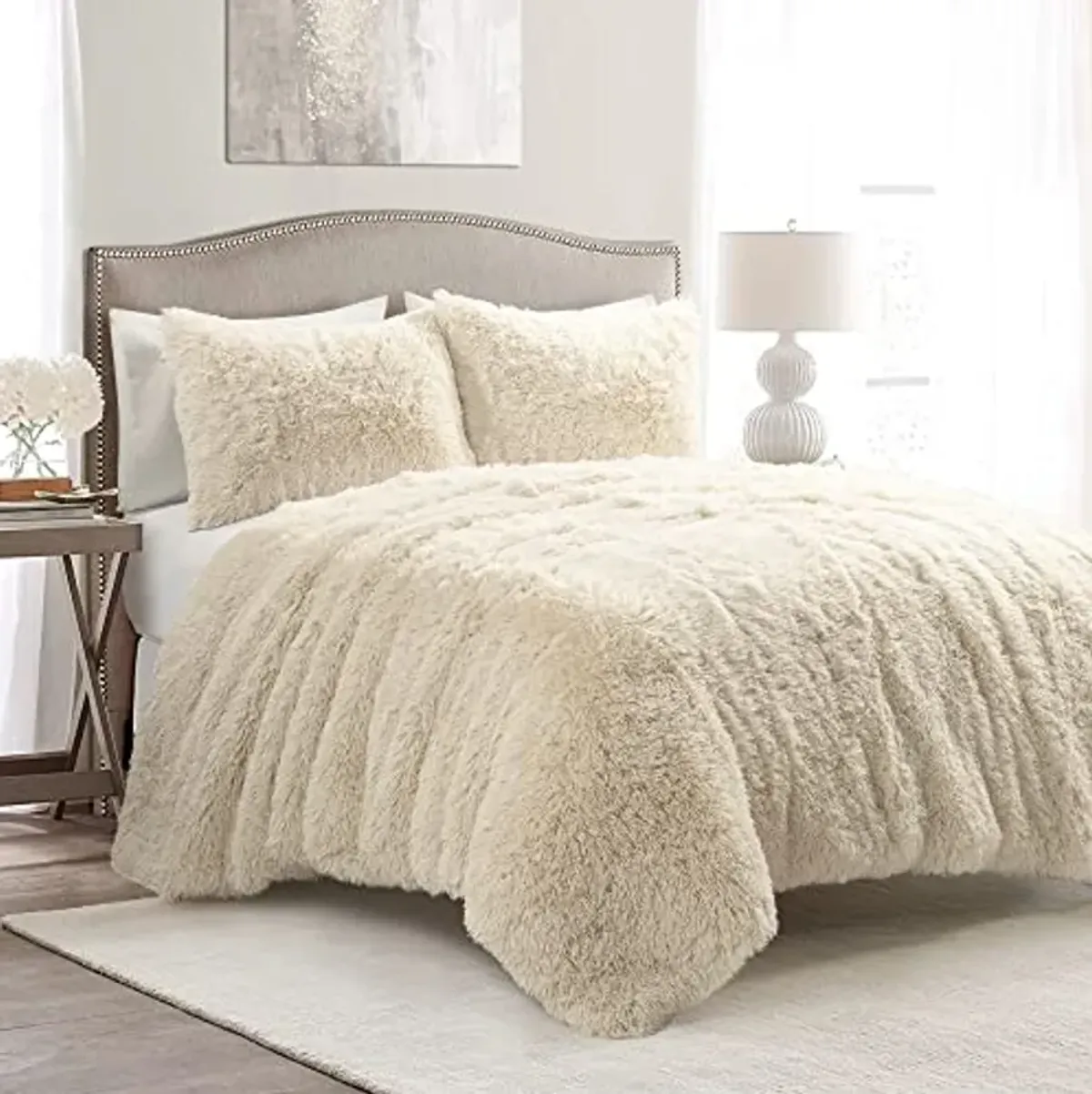 Lush Decor Emma Soft Fluffy Faux Fur Oversized Comforter Set, Full/Queen, Wheat - Warm Plush 3 Piece Bedding Set