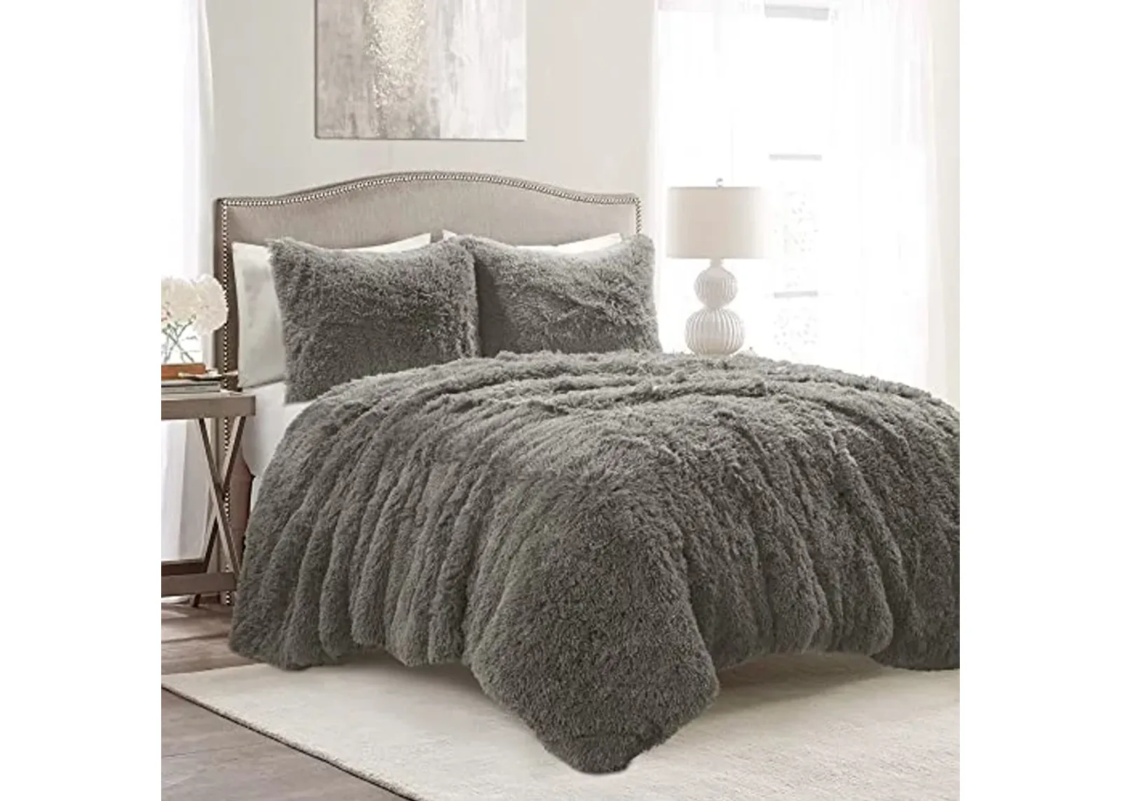 Lush Decor Emma Soft Fluffy Faux Fur Kids College Dorm Oversized Comforter Set, Full/Queen, Dark Gray - Warm Plush 3 Piece Bedding Set