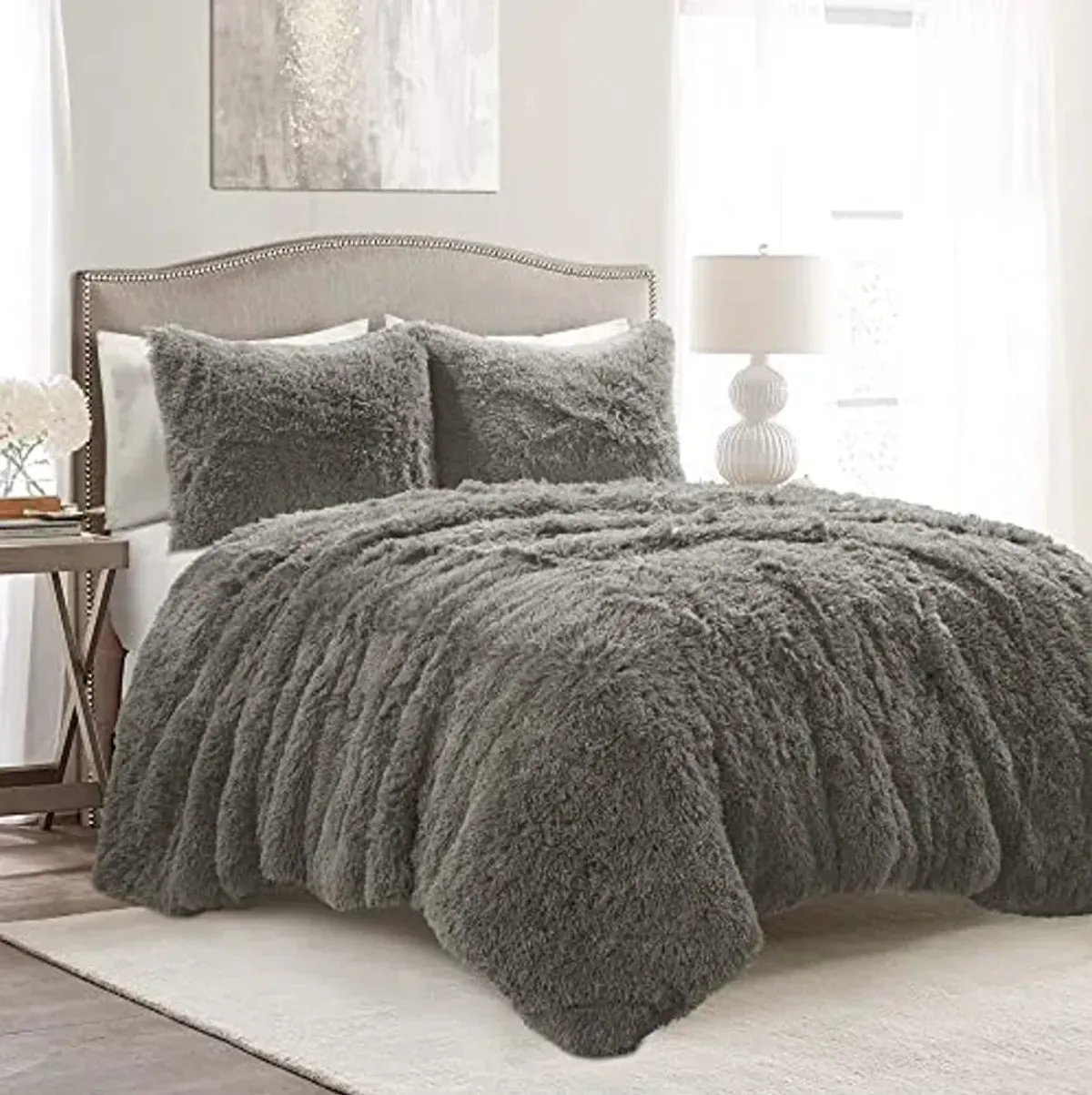 Lush Decor Emma Soft Fluffy Faux Fur Kids College Dorm Oversized Comforter Set, Full/Queen, Dark Gray - Warm Plush 3 Piece Bedding Set