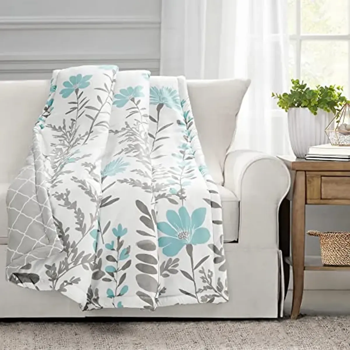 Lush Decor Aprile Reversible Throw Blanket, 50" W x 60" L, Blue & Gray - Cozy Floral Throw Blanket - Colorful Blanket for Bed, Couch Or Chair - Cottage & Farmhouse Home Decor