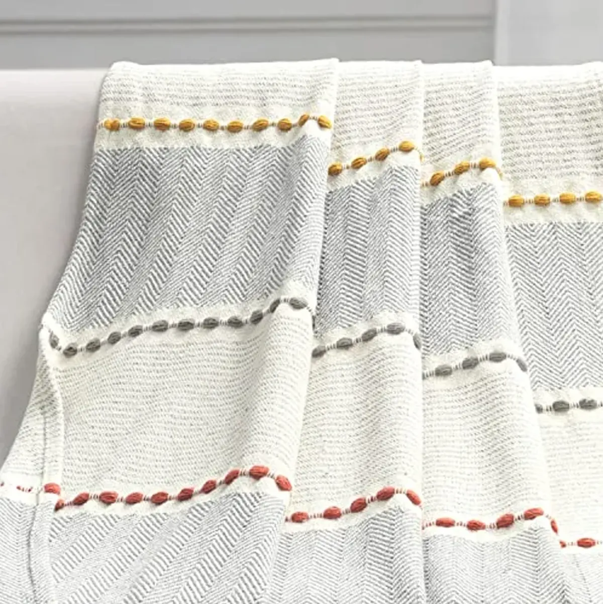 Lush Decor Herringbone Stripe Yarn Dyed Cotton Woven Tassel Throw Blanket, 60" x 50", Yellow & Gray