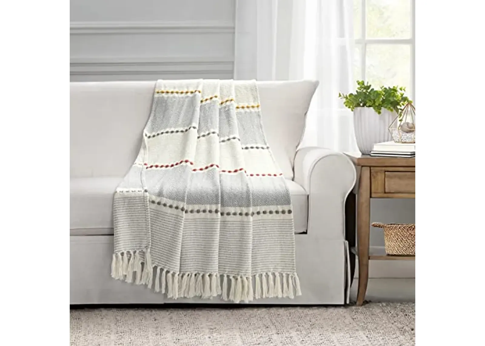 Lush Decor Herringbone Stripe Yarn Dyed Cotton Woven Tassel Throw Blanket, 60" x 50", Yellow & Gray