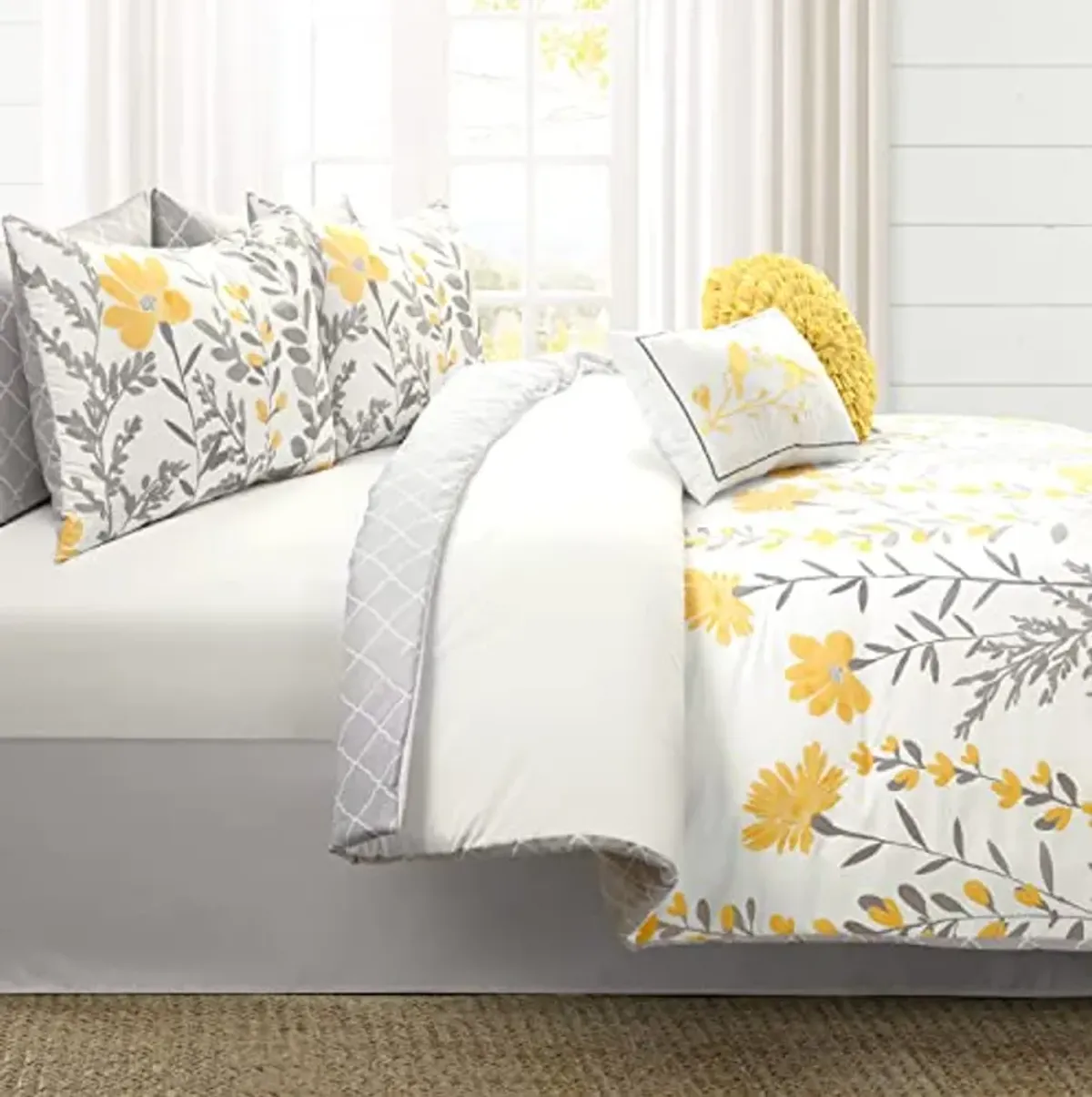 Lush Decor Aprile Soft Reversible Floral Comforter Set, 8 Piece Set, Queen, Yellow & Gray- Beautiful Queen Bedding Sets - Yellow Comforter - Spring Decor - Cottage & Farmhouse Bedroom Decor