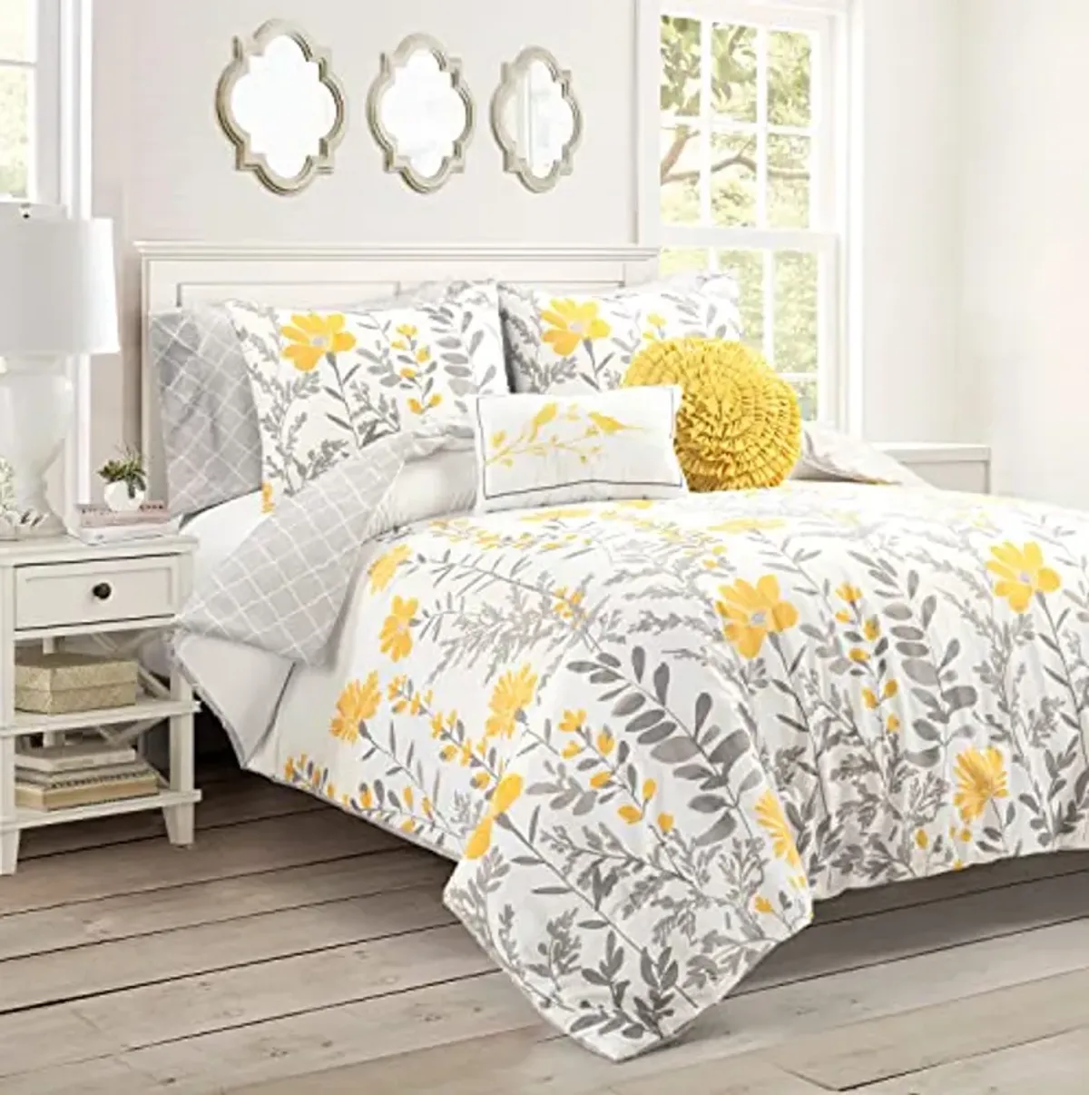 Lush Decor Aprile Soft Reversible Floral Comforter Set, 8 Piece Set, Queen, Yellow & Gray- Beautiful Queen Bedding Sets - Yellow Comforter - Spring Decor - Cottage & Farmhouse Bedroom Decor