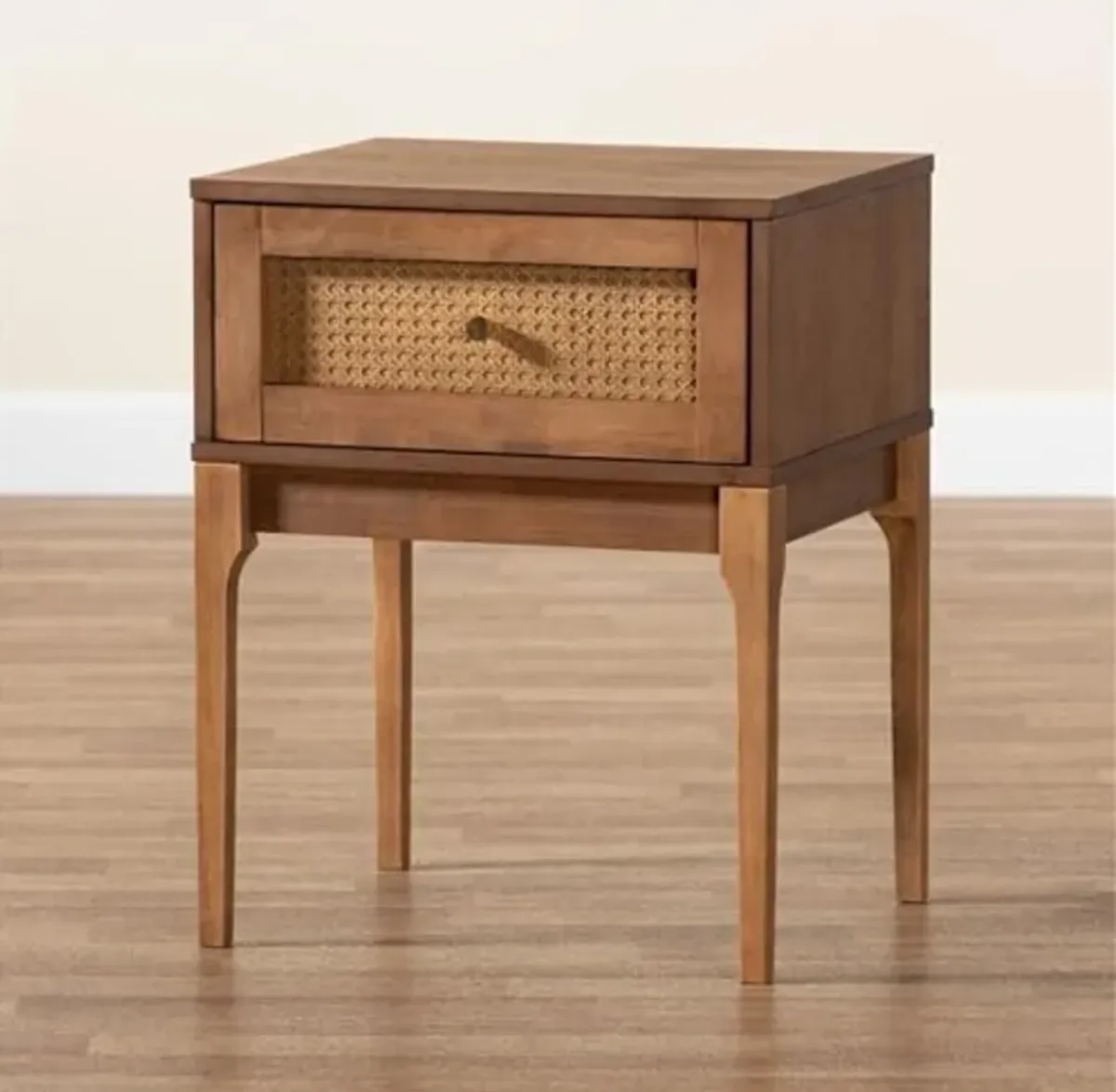 Baxton Studio Ramiel Mid-Century Modern Ash Walnut Finished Wood and Rattan 1-Drawer Nightstand