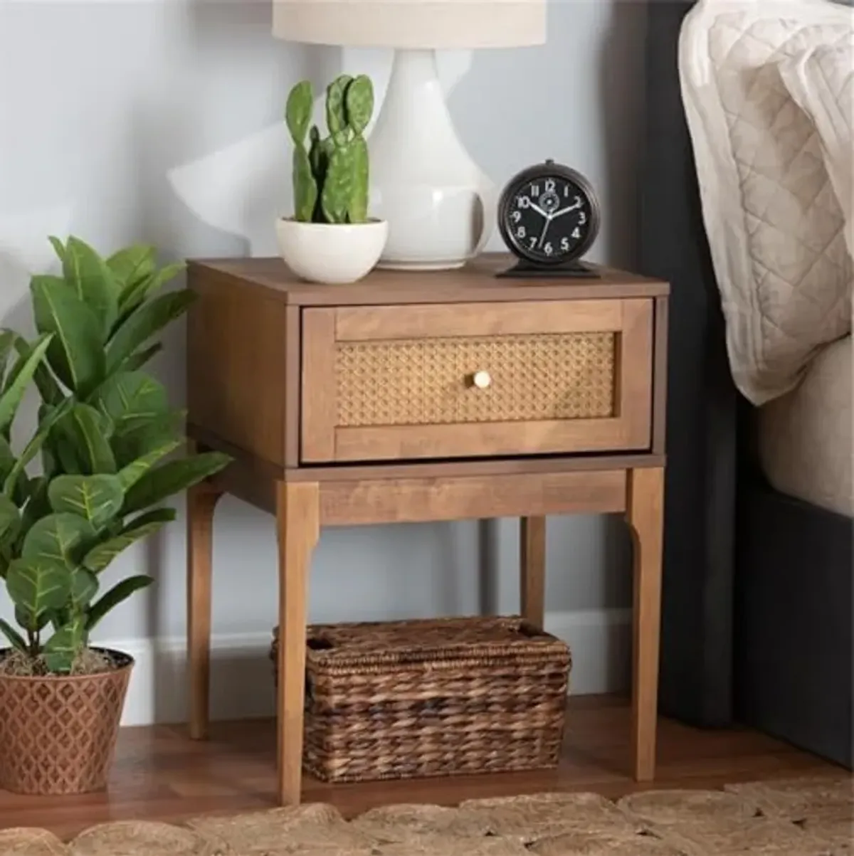 Baxton Studio Ramiel Mid-Century Modern Ash Walnut Finished Wood and Rattan 1-Drawer Nightstand