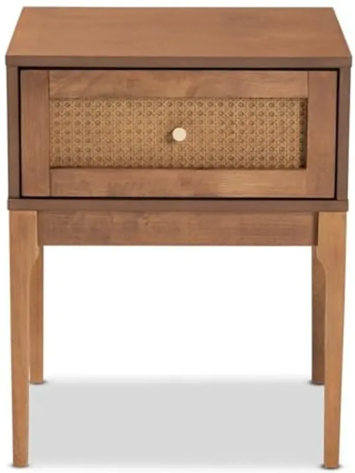 Baxton Studio Ramiel Mid-Century Modern Ash Walnut Finished Wood and Rattan 1-Drawer Nightstand