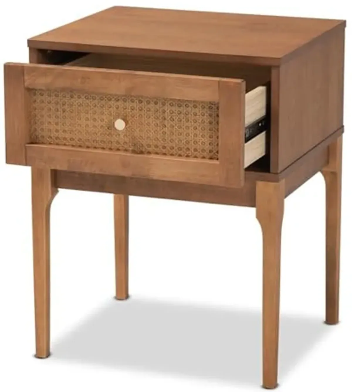 Baxton Studio Ramiel Mid-Century Modern Ash Walnut Finished Wood and Rattan 1-Drawer Nightstand