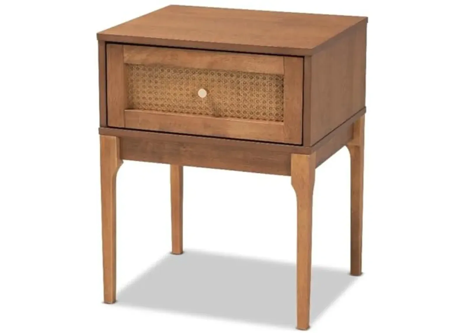 Baxton Studio Ramiel Mid-Century Modern Ash Walnut Finished Wood and Rattan 1-Drawer Nightstand