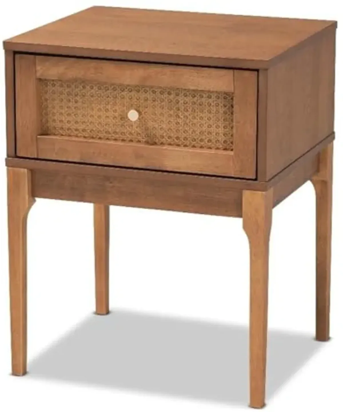 Baxton Studio Ramiel Mid-Century Modern Ash Walnut Finished Wood and Rattan 1-Drawer Nightstand