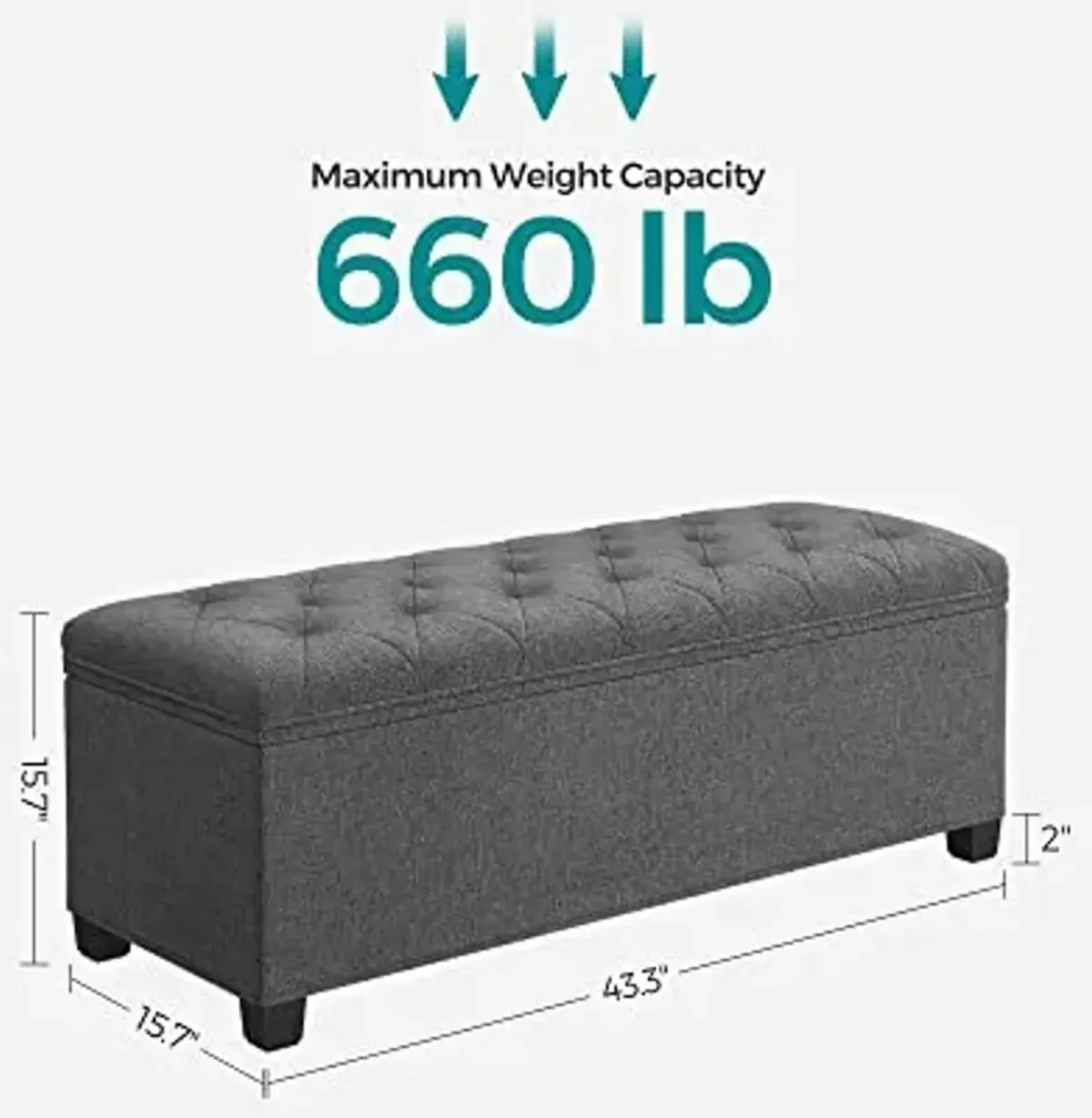 SONGMICS Storage Ottoman Bench, Foot Rest with Legs, 15.7 x 43.3 x 15.7 Inches, End of Bed Bench, Storage Chest, Load up to 660 lb, for Living Room, Bedroom, Entryway, Dark Gray ULSF088G01