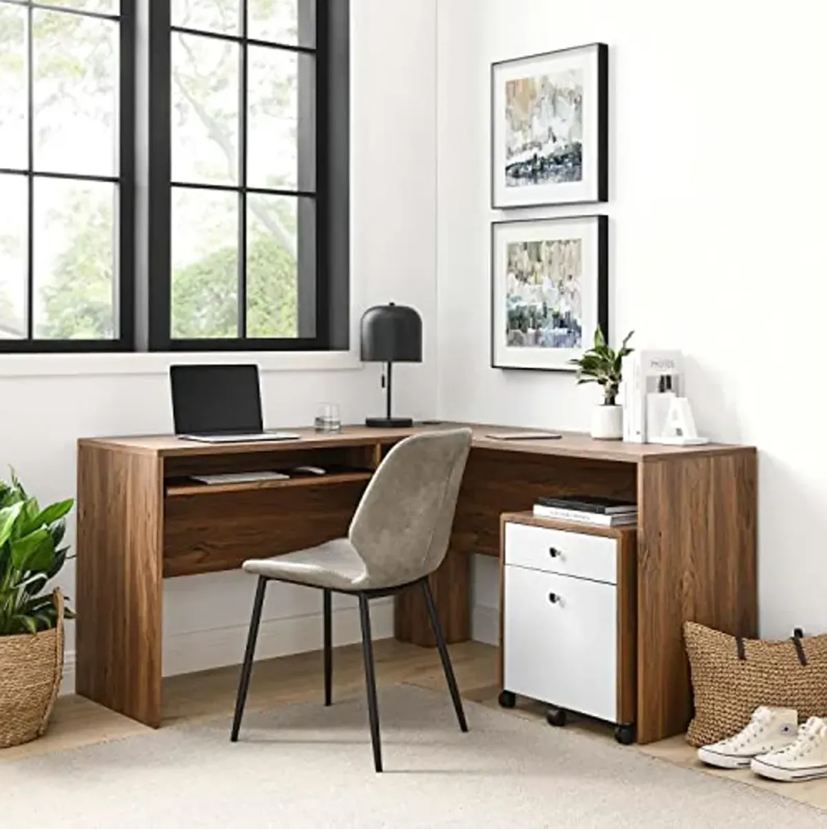 Modway Transmit Mid-Century Modern Office Walnut White, Desk and File Cabinet Set