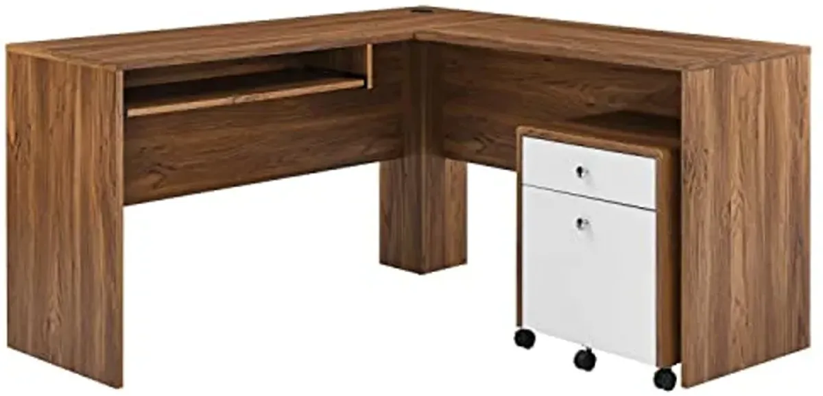 Modway Transmit Mid-Century Modern Office Walnut White, Desk and File Cabinet Set