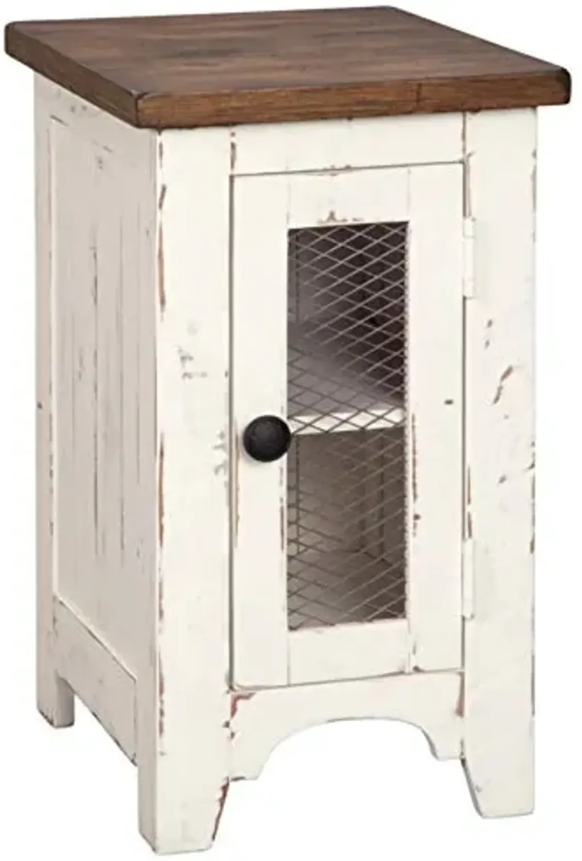 Signature Design by Ashley Wystfield Farmhouse Chair Side End Table with Cabinet Door for Storage, White & Brown with Distressed Finish and Signature Design by Ashley Wystfield Farmhouse End Table with Storage, Distressed White & Brown Finish