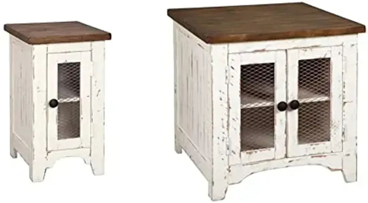Signature Design by Ashley Wystfield Farmhouse Chair Side End Table with Cabinet Door for Storage, White & Brown with Distressed Finish and Signature Design by Ashley Wystfield Farmhouse End Table with Storage, Distressed White & Brown Finish