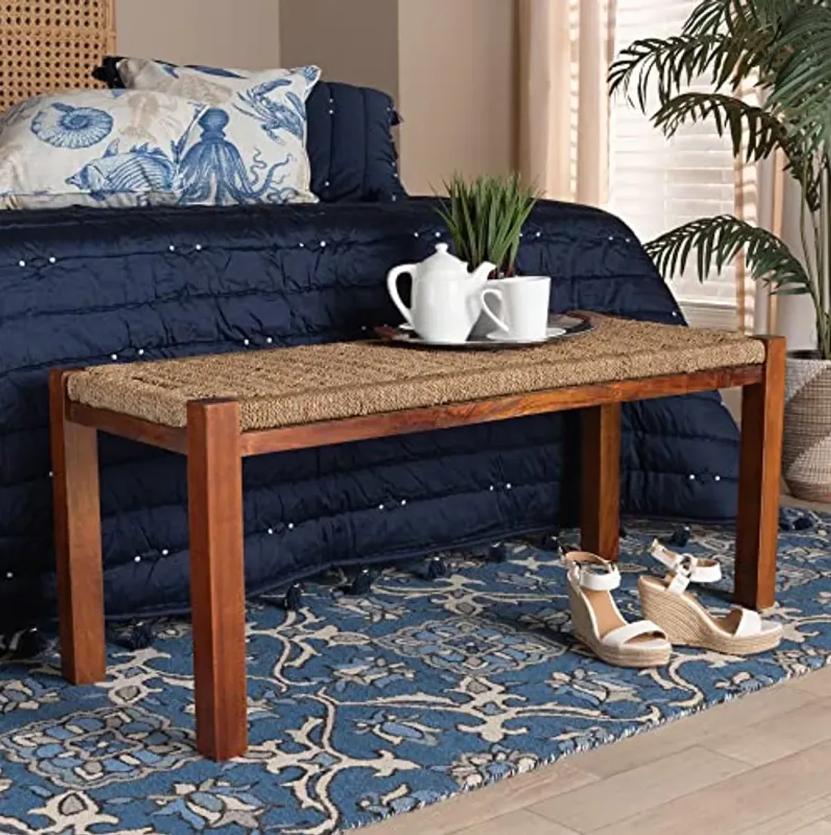 Baxton Studio Hermes Woven Seagrass Accent Bench, One Size, Walnut Brown