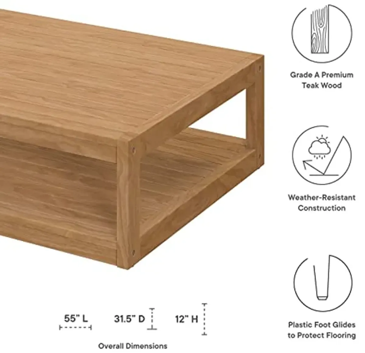 Modway Carlsbad Teak Wood Coffee Table, Natural