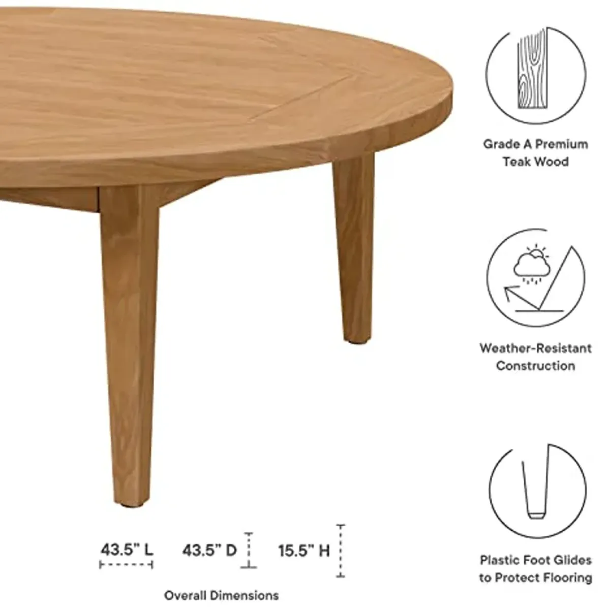 Modway Brisbane Teak Wood Outdoor Patio Table in Natural, Coffe table-43.5" L X 43.5" W X 15.5" H