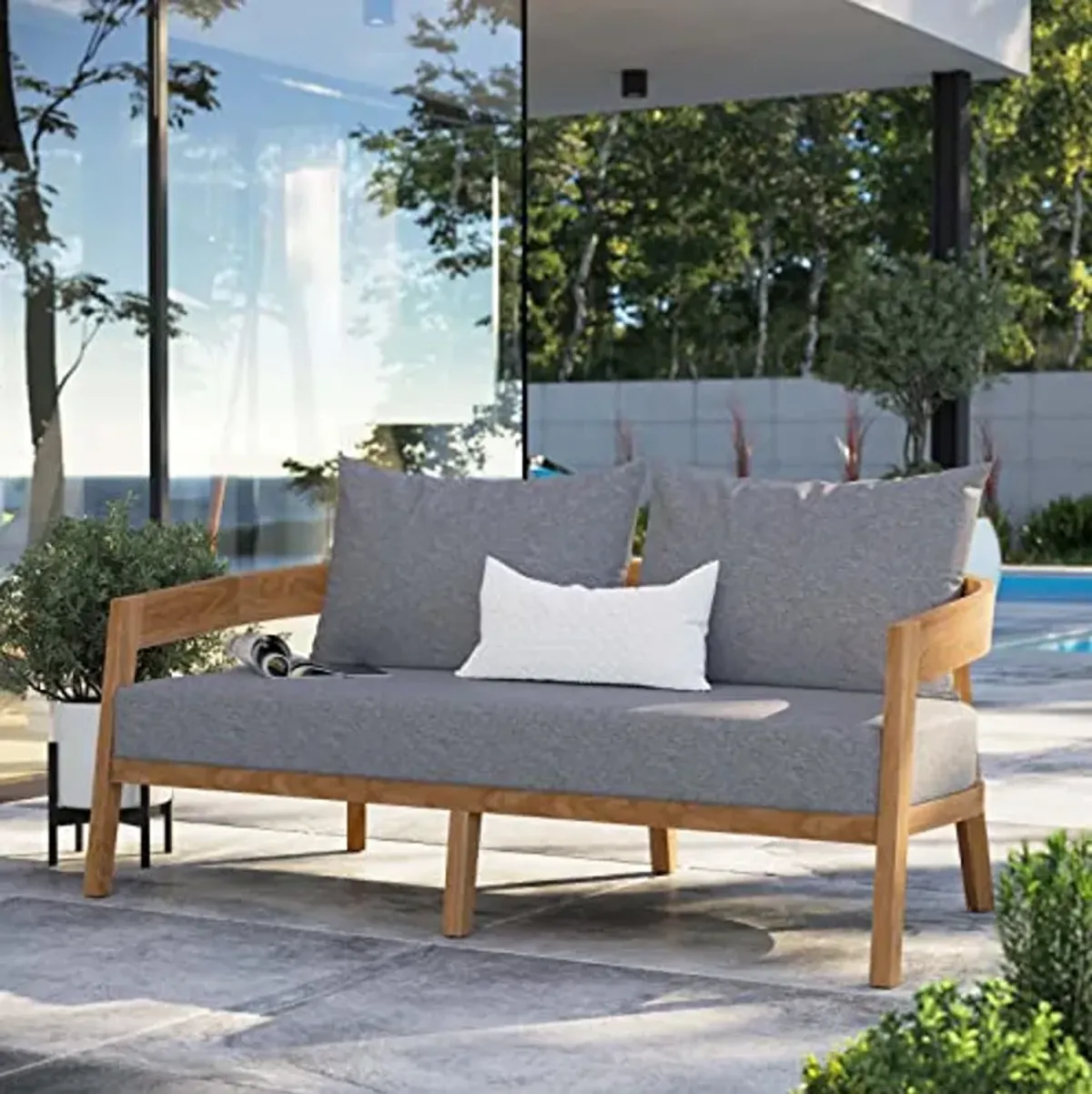 Modway Brisbane Teak Wood Outdoor Patio Loveseat in Natural Gray