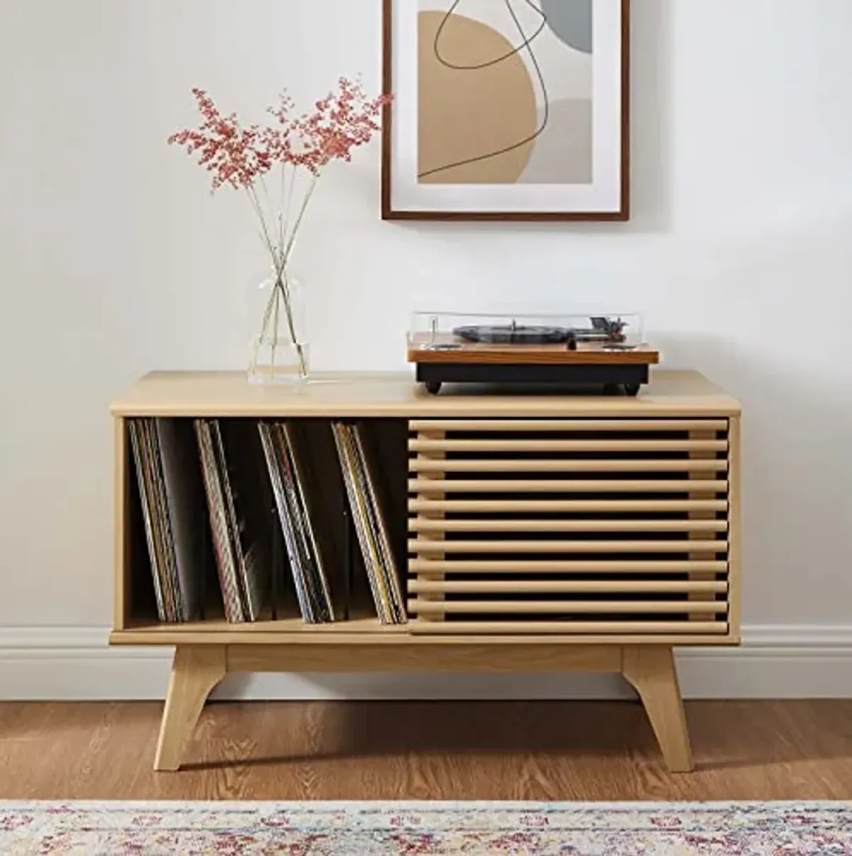 Modway Render Mid-Century Modern 37" Vinyl Record Display Stand in Oak