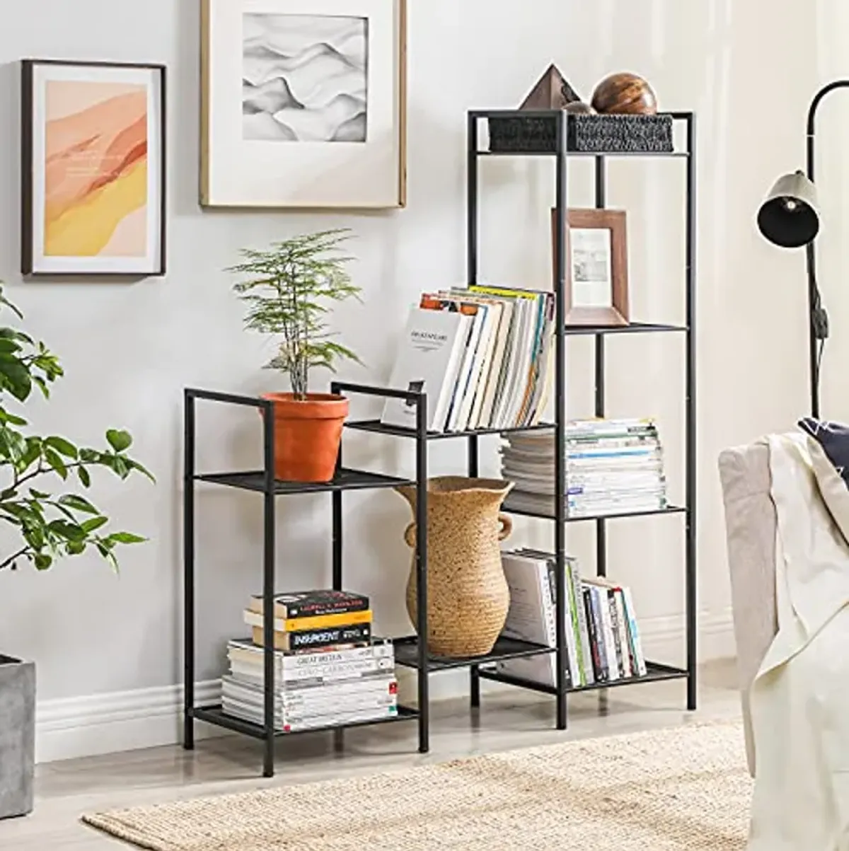 SONGMICS 5-Tier Storage Rack and Bathroom Rack Bundle, Industrial Style Storage for Small Spaces with Adjustable Shelves, Black and Translucent UBSC35BK and ULGR23BK