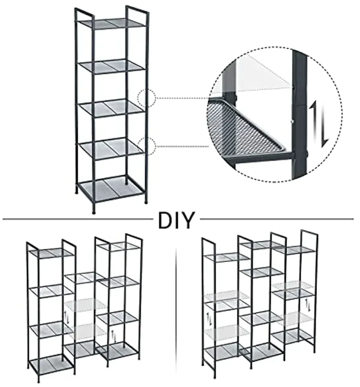 SONGMICS 5-Tier Storage Rack and Bathroom Rack Bundle, Industrial Style Storage for Small Spaces with Adjustable Shelves, Black and Translucent UBSC35BK and ULGR23BK