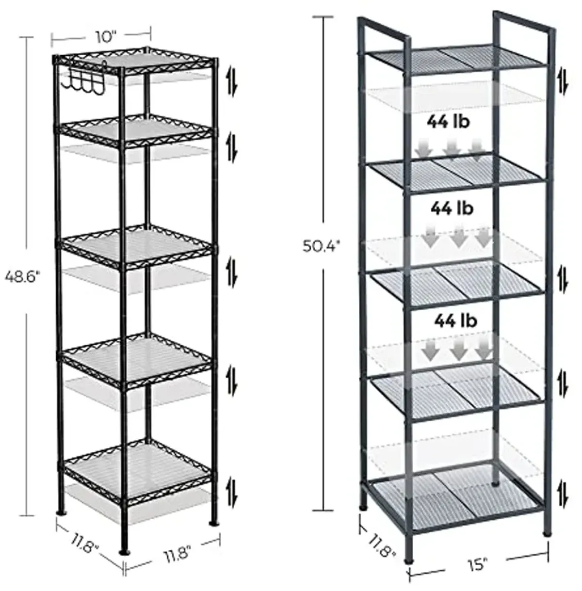 SONGMICS 5-Tier Storage Rack and Bathroom Rack Bundle, Industrial Style Storage for Small Spaces with Adjustable Shelves, Black and Translucent UBSC35BK and ULGR23BK