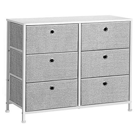 SONGMICS 3-Tier, Storage Dresser with 6 Easy Pull Fabric Drawers and Wooden Tabletop, 31.5"L x 11.8"W x 24.8"H & Narrow Dresser with 4 Fabric Drawers Vertical Slim Storage Tower Unit, 7.9", Light Gray