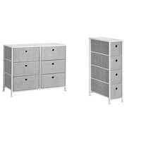 SONGMICS 3-Tier, Storage Dresser with 6 Easy Pull Fabric Drawers and Wooden Tabletop, 31.5"L x 11.8"W x 24.8"H & Narrow Dresser with 4 Fabric Drawers Vertical Slim Storage Tower Unit, 7.9", Light Gray