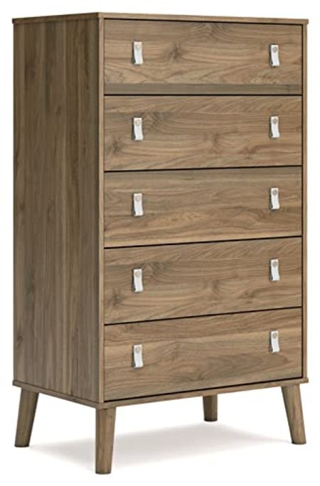 Signature Design by Ashley Aprilyn Contemporary 5 Drawer Tall Chest of Drawers with Splay Legs, Light Brown