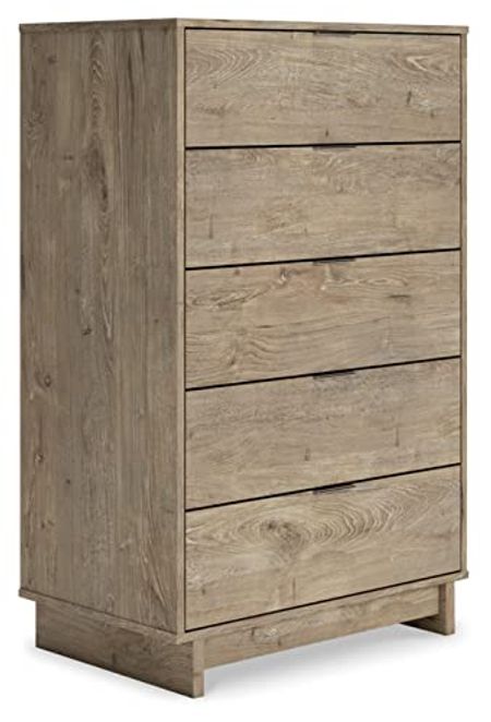 Signature Design by Ashley Oliah Contemporary 5 Drawer Tall Chest with Safety Stop, Light Brown
