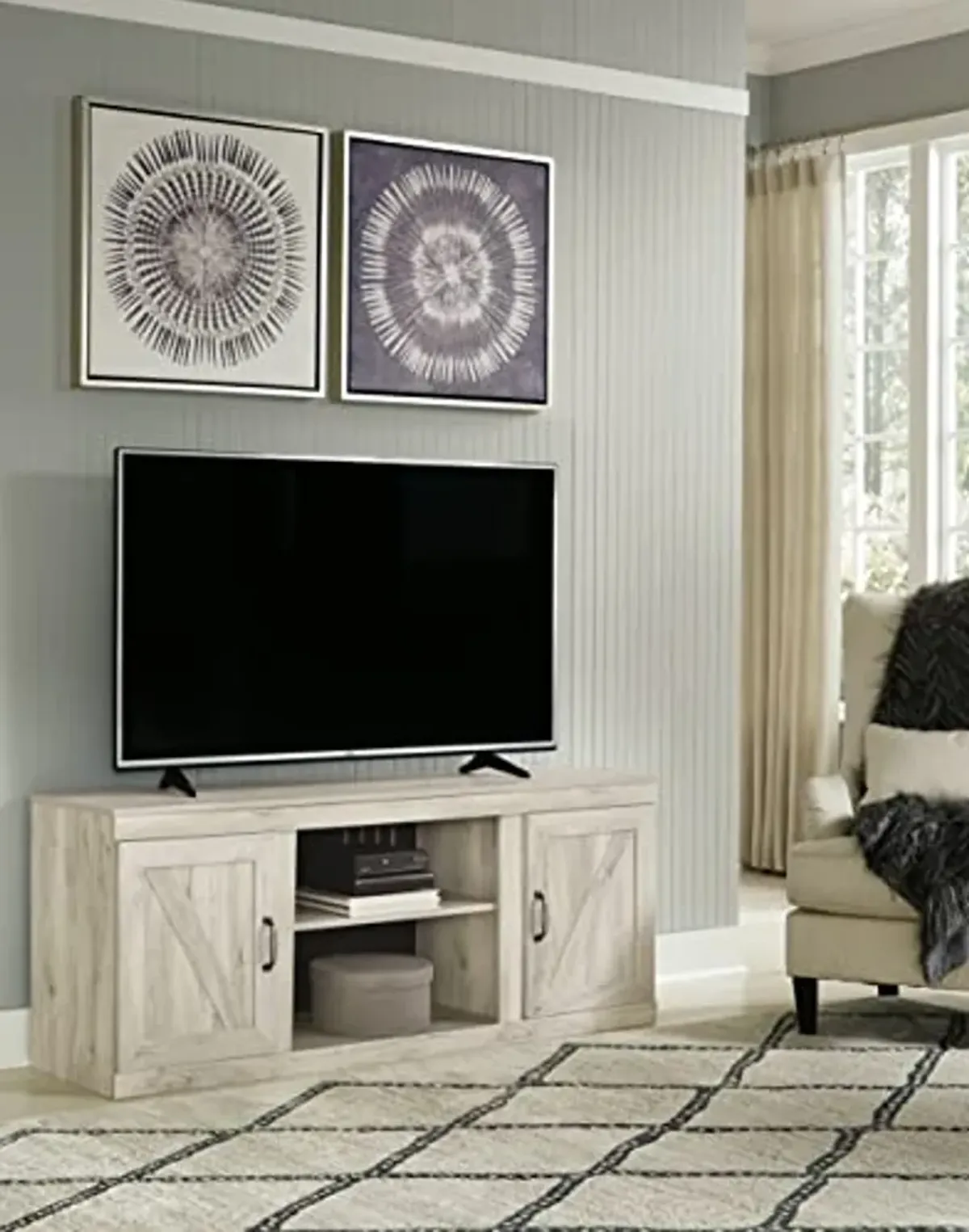 Signature Design by Ashley Bellaby Farmhouse Large TV Stand up to 60" with 3 Adjustable Shelves and Fireplace Option, White