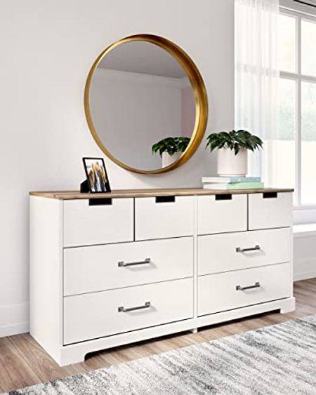Signature Design by Ashley Vaibryn Farmhouse 6 Drawer Dresser with Smooth-Gliding Drawers and Safety Stop, White & Light Brown
