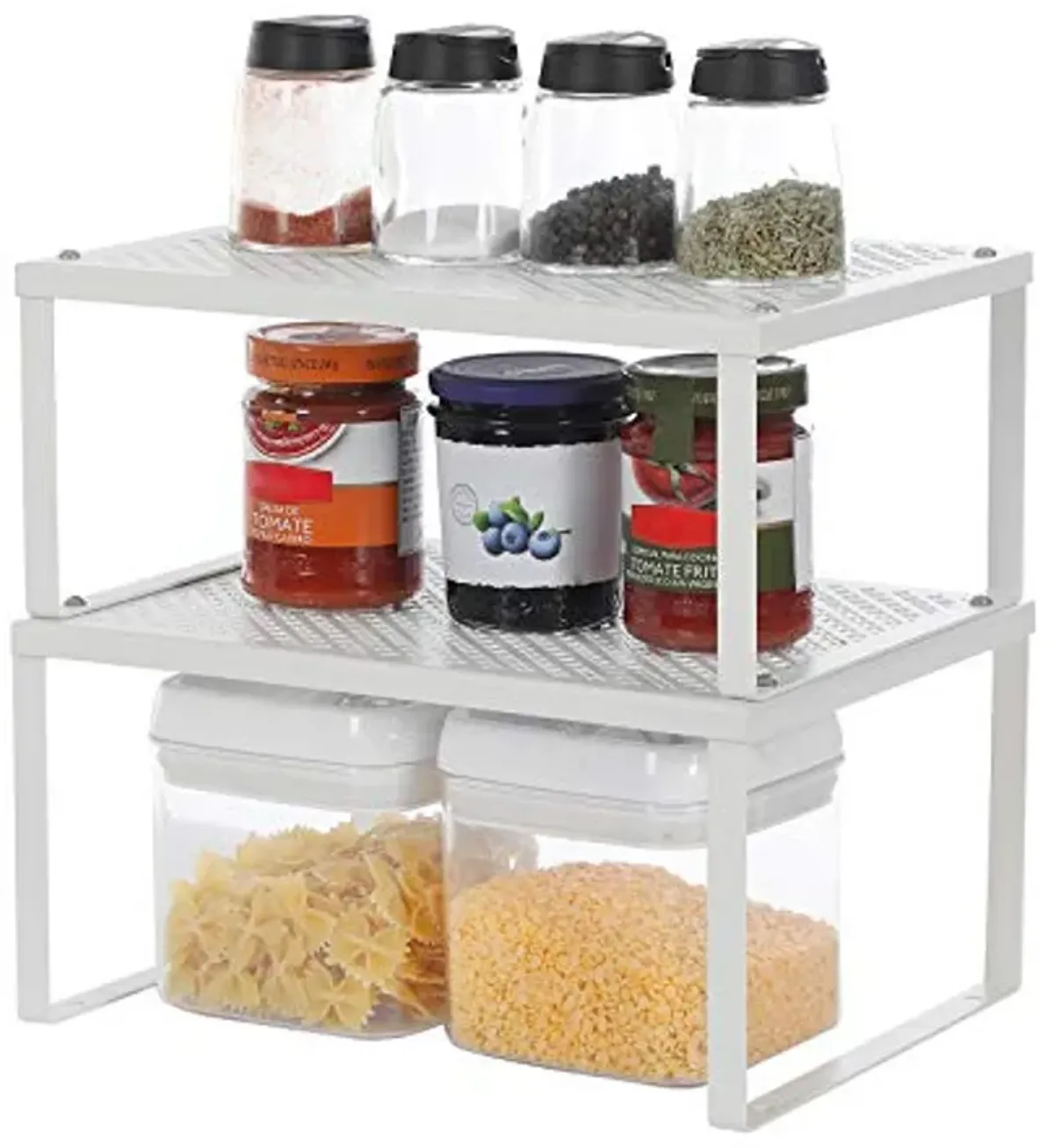 SONGMICS Cabinet Shelf Organizer and Kitchen Shelf Bundle, 4 Stackable Kitchen Cabinet Shelves, Expandable, White and Silver UKCS01WT and UKCS01SV