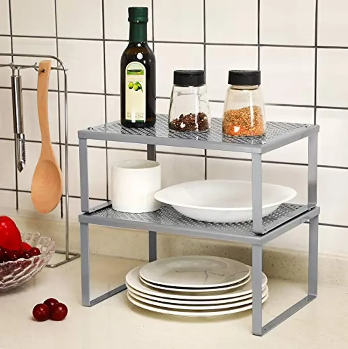 SONGMICS Cabinet Shelf Organizer and Kitchen Shelf Bundle, 4 Stackable Kitchen Cabinet Shelves, Expandable, White and Silver UKCS01WT and UKCS01SV