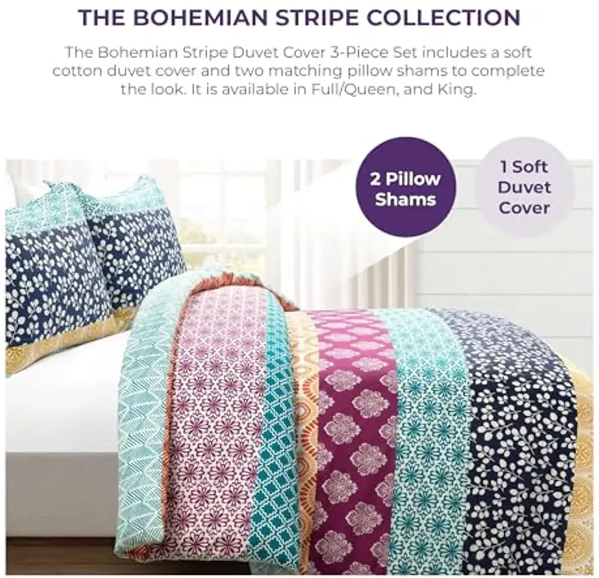 Lush Decor Bohemian Stripe Reversible Cotton Duvet Cover Set, 3 Piece Set, King, Fuchsia & Orange - Boho Bedding Set - Bold & Colorful - Striped Duvet Cover - Maximalist & Boho Bedroom Decor