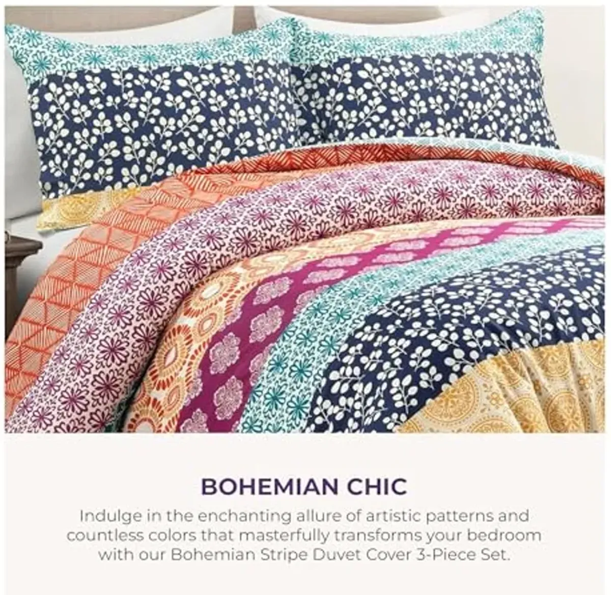 Lush Decor Bohemian Stripe Reversible Cotton Duvet Cover Set, 3 Piece Set, King, Fuchsia & Orange - Boho Bedding Set - Bold & Colorful - Striped Duvet Cover - Maximalist & Boho Bedroom Decor