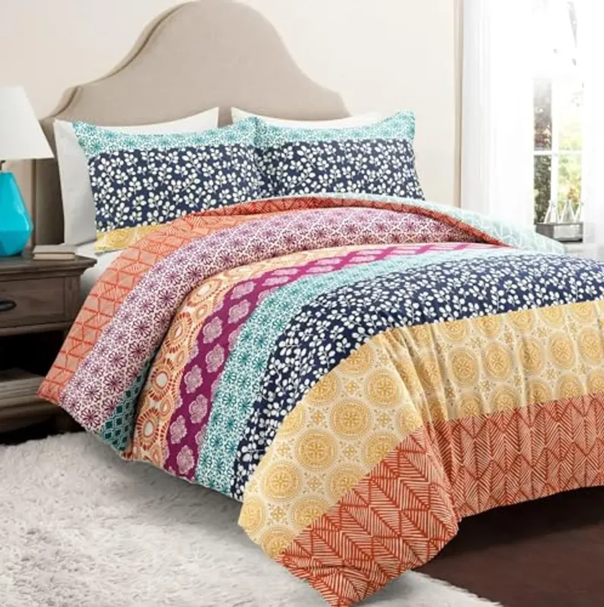 Lush Decor Bohemian Stripe Reversible Cotton Duvet Cover Set, 3 Piece Set, King, Fuchsia & Orange - Boho Bedding Set - Bold & Colorful - Striped Duvet Cover - Maximalist & Boho Bedroom Decor