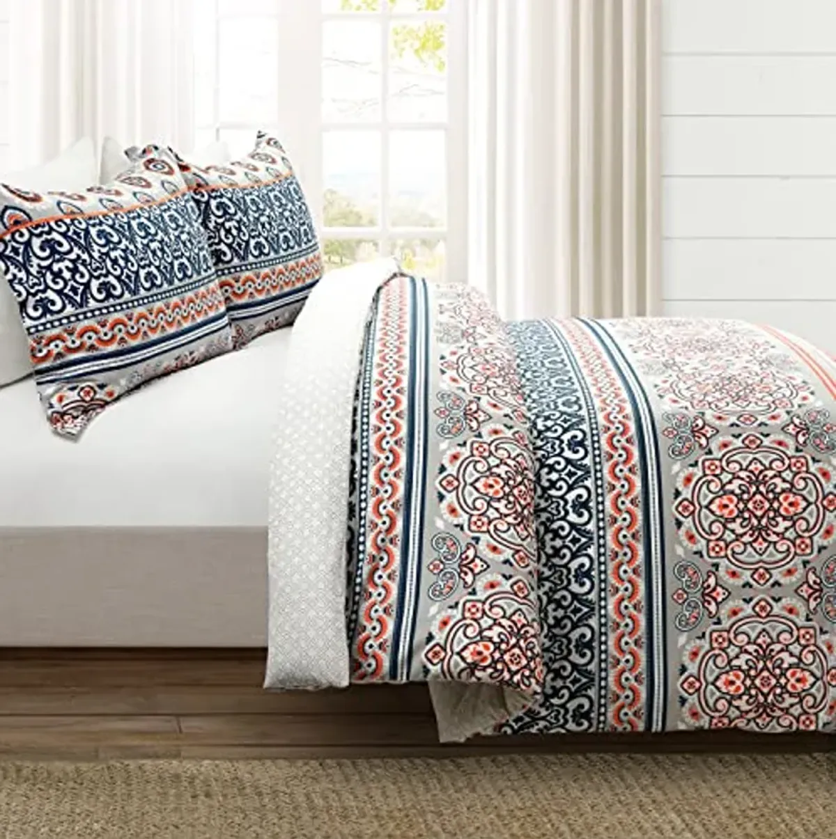 Lush Decor Nesco Stripe Reversible Cotton 3 Piece Duvet Cover Set, Full/Queen, Navy & Coral