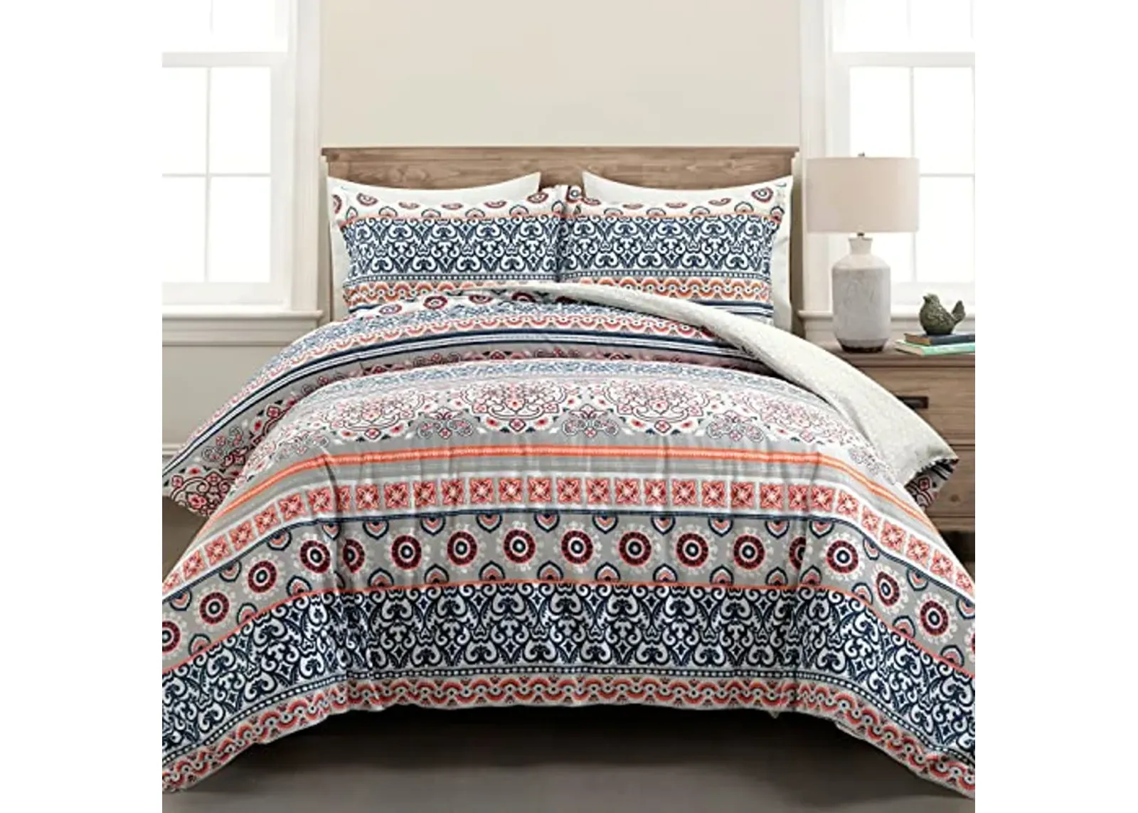 Lush Decor Nesco Stripe Reversible Cotton 3 Piece Duvet Cover Set, Full/Queen, Navy & Coral